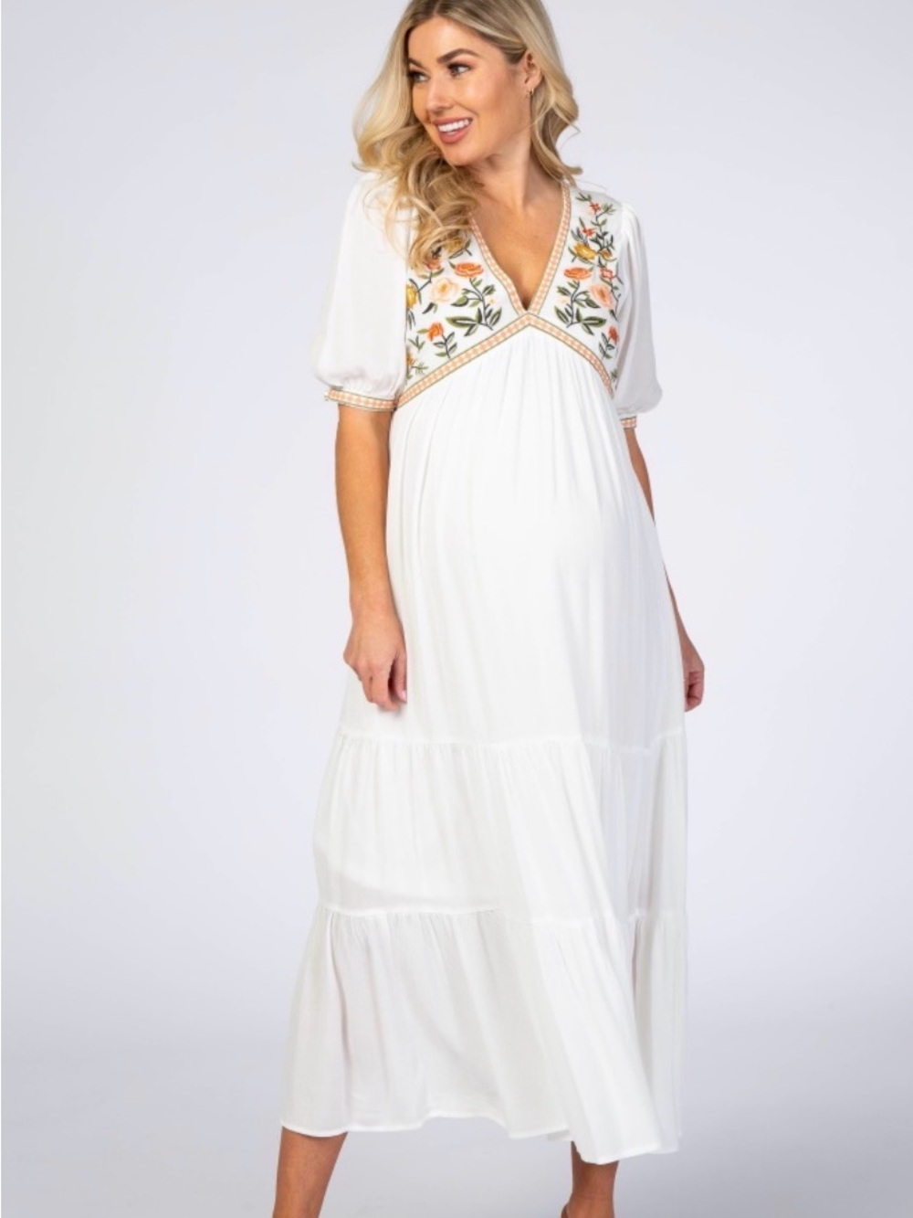 Pink Lily Maternity | White Embroidered V-Neck Maxi Dress